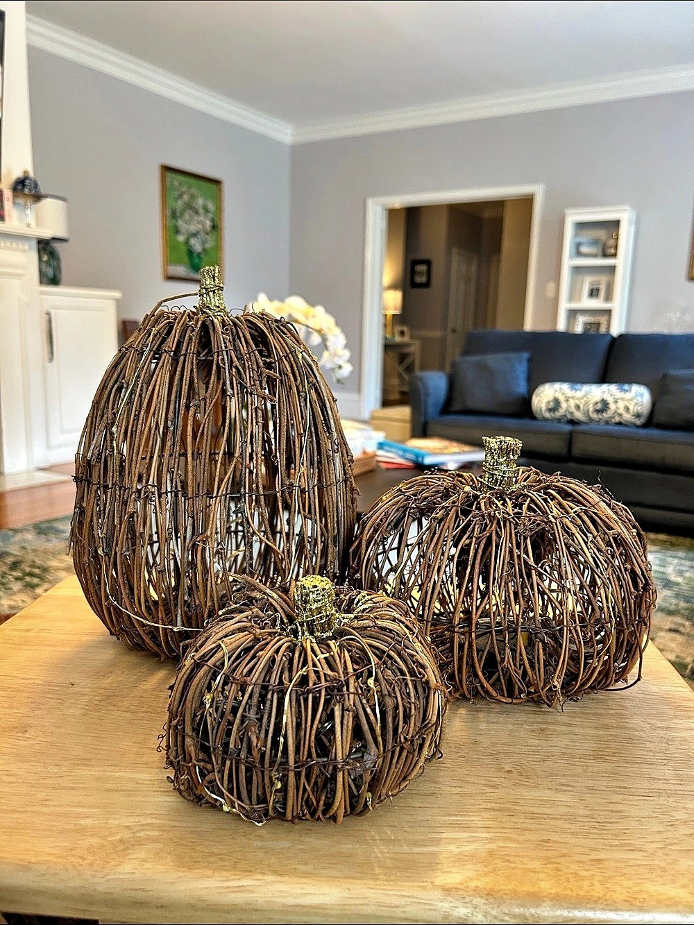 Set of 3 Decorative Pumpkins Brown & Gold with fairy lights